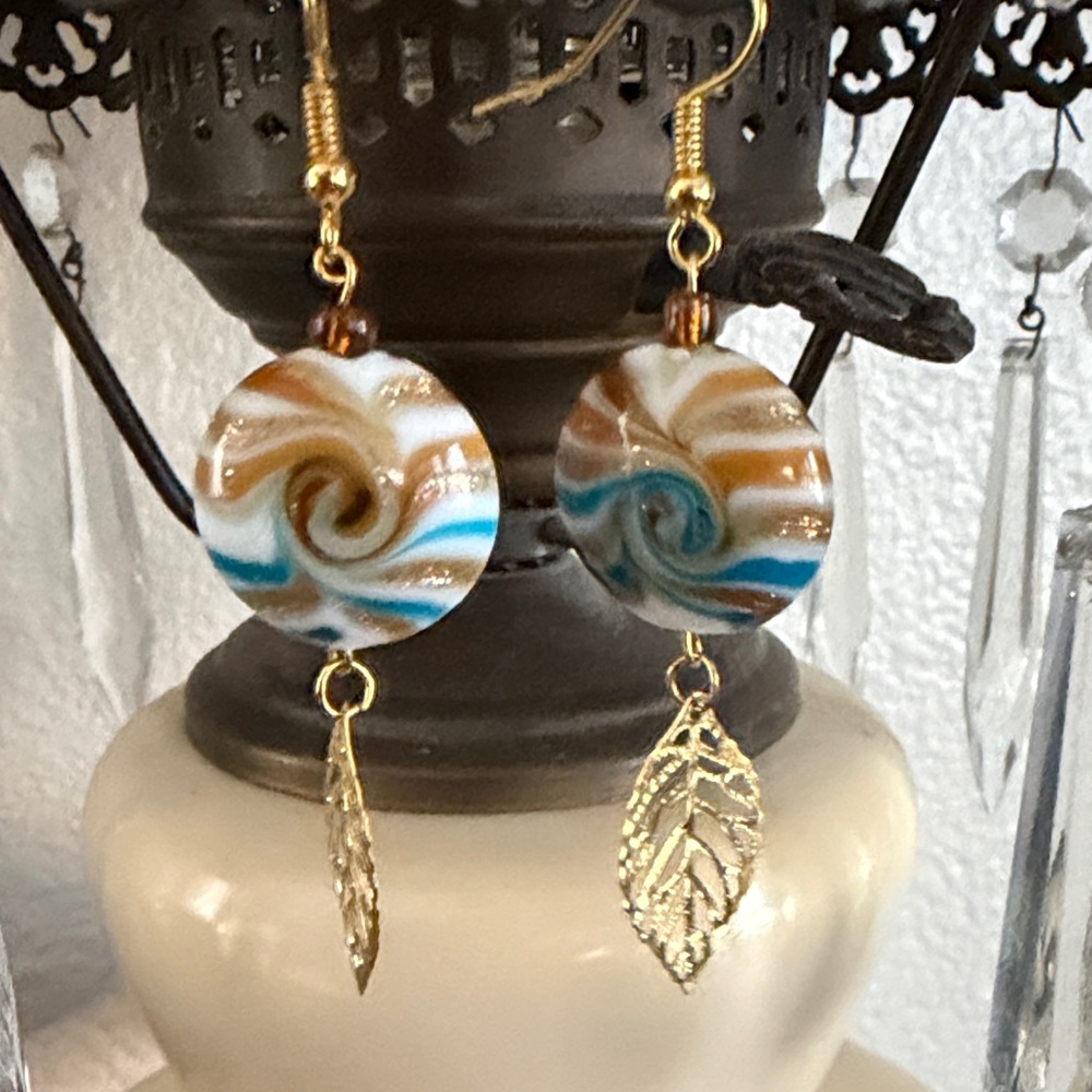 Gold and Blue Swirl Leaf Earrings - Picture 2 of 2